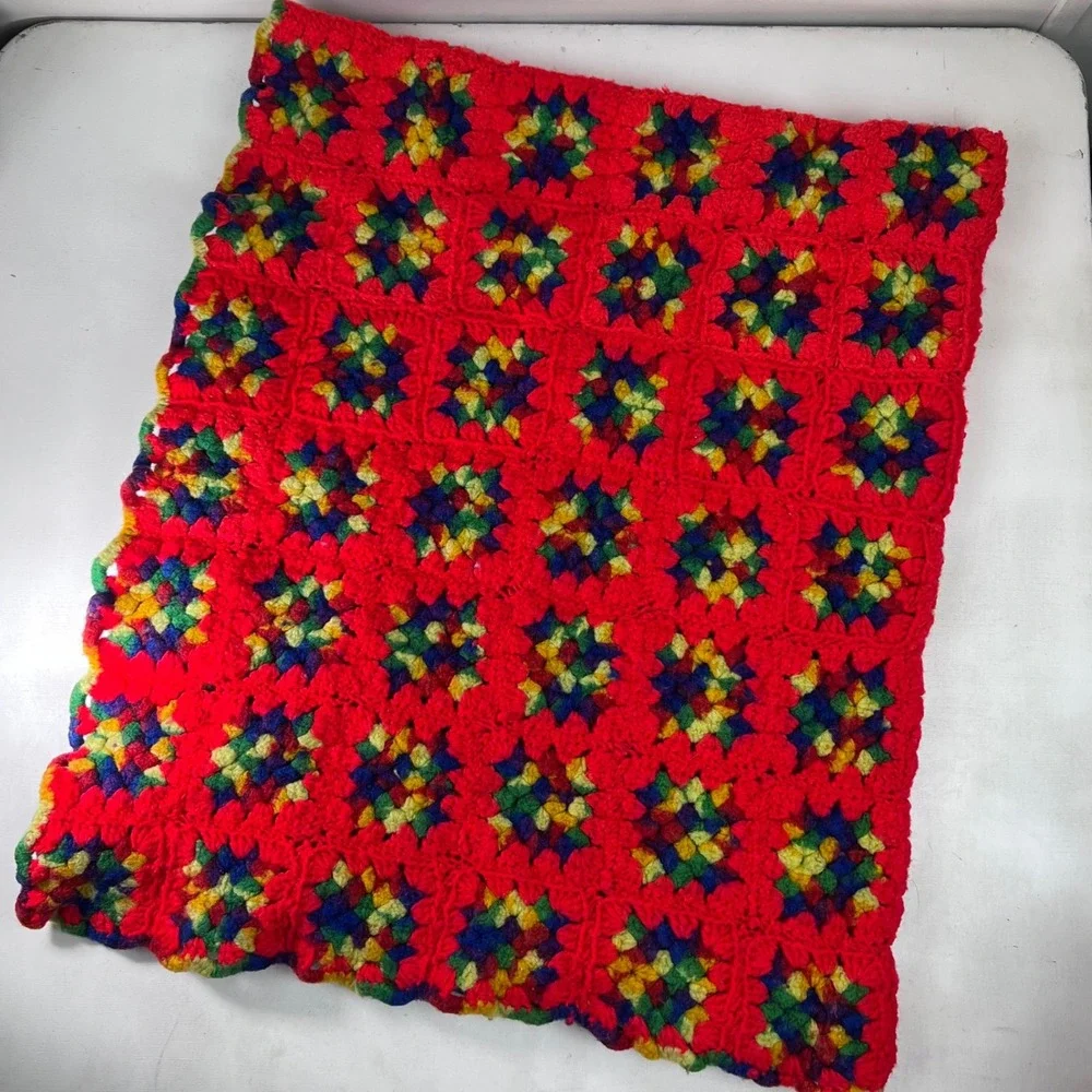 Red Crochet Granny Square Blanket Afghan Colorful Handmade Throw 66x52